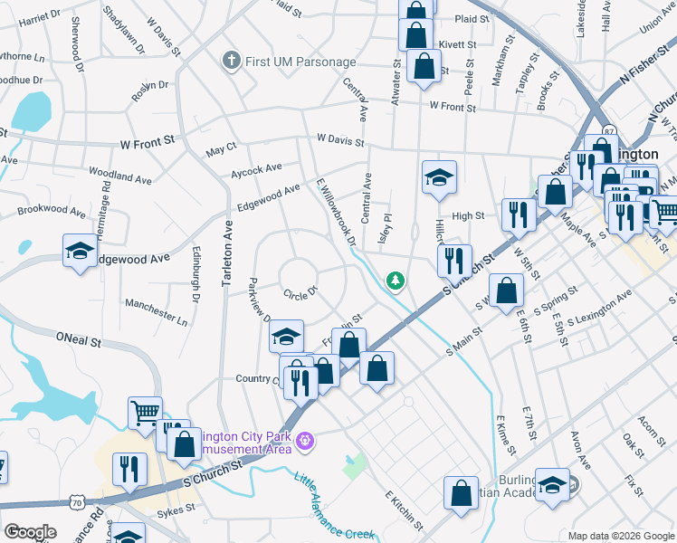 map of restaurants, bars, coffee shops, grocery stores, and more near 496 Sunset Drive in Burlington