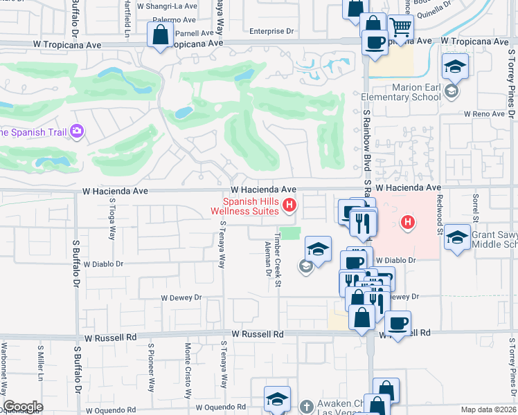 map of restaurants, bars, coffee shops, grocery stores, and more near 5347 Boschetto Street in Las Vegas