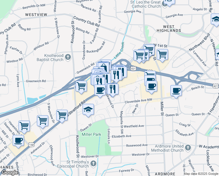 map of restaurants, bars, coffee shops, grocery stores, and more near 285 U.S. 158 in Winston-Salem