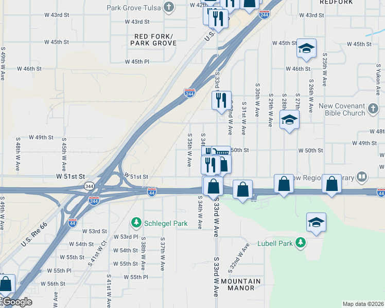 map of restaurants, bars, coffee shops, grocery stores, and more near 5007 South 35th West Avenue in Tulsa