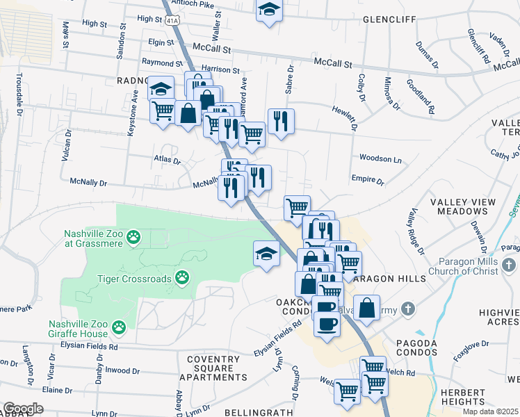map of restaurants, bars, coffee shops, grocery stores, and more near 3748 Tennessee 11 in Nashville