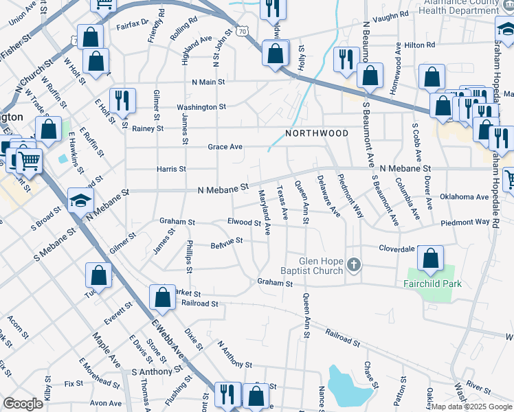 map of restaurants, bars, coffee shops, grocery stores, and more near 1021 Alden Street in Burlington