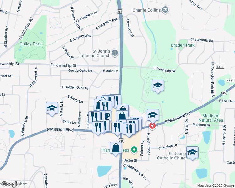 map of restaurants, bars, coffee shops, grocery stores, and more near 2221 North Crossover Road in Fayetteville