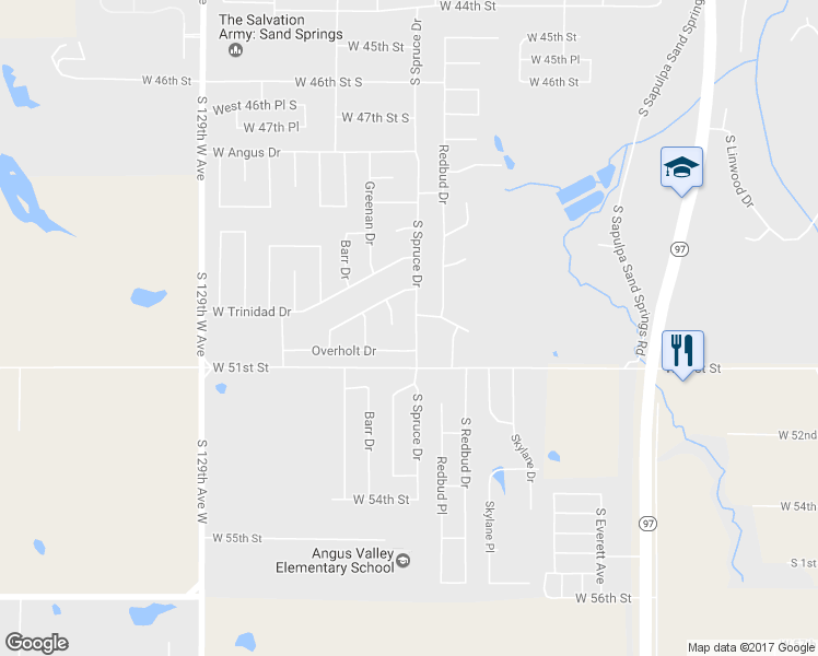 map of restaurants, bars, coffee shops, grocery stores, and more near 5002 South Spruce Drive in Sand Springs