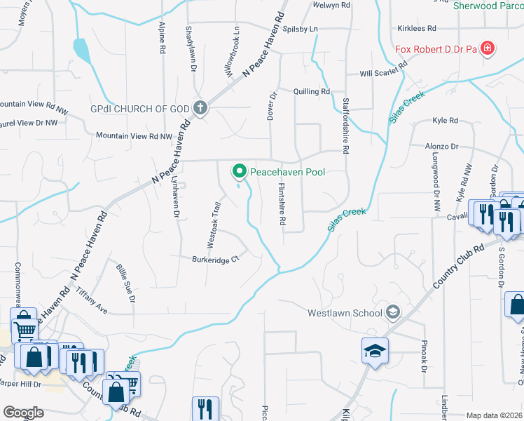 map of restaurants, bars, coffee shops, grocery stores, and more near 641 Valley Brook Lane in Winston-Salem