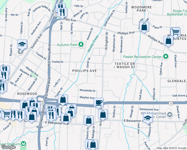 map of restaurants, bars, coffee shops, grocery stores, and more near 1203 Hickory Avenue in Greensboro