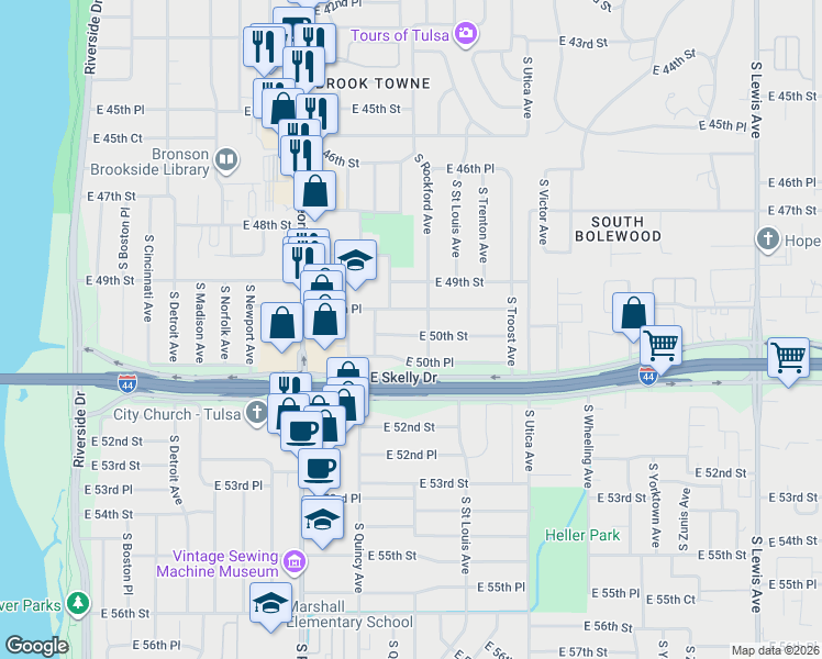 map of restaurants, bars, coffee shops, grocery stores, and more near 1431 East 50th Street in Tulsa