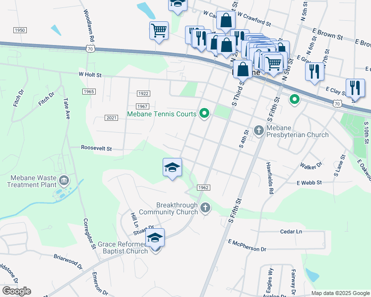 map of restaurants, bars, coffee shops, grocery stores, and more near 311 West Austin Street in Mebane