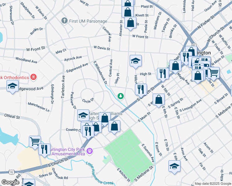 map of restaurants, bars, coffee shops, grocery stores, and more near 419 West Willowbrook Drive in Burlington