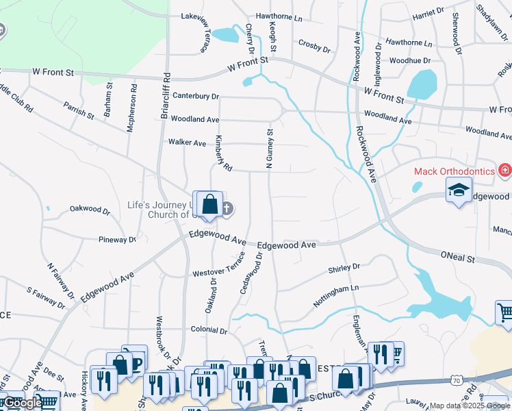 map of restaurants, bars, coffee shops, grocery stores, and more near 2030 Westover Terrace in Burlington
