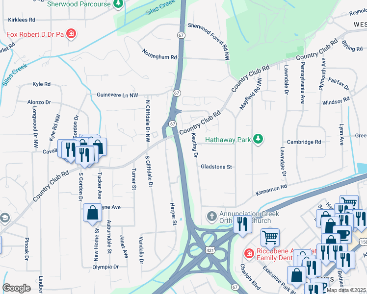 map of restaurants, bars, coffee shops, grocery stores, and more near 4379 Silas Creek Parkway in Winston-Salem