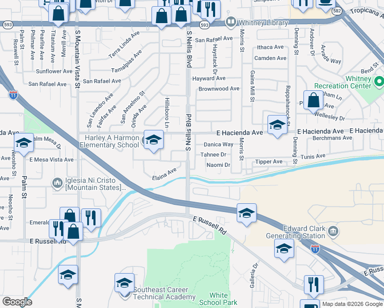 map of restaurants, bars, coffee shops, grocery stores, and more near 5385 Bridgette Way in Las Vegas
