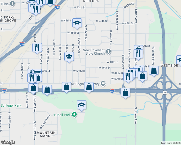 map of restaurants, bars, coffee shops, grocery stores, and more near 4919 South 24th West Place in Tulsa