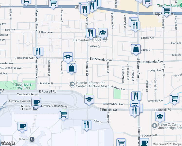 map of restaurants, bars, coffee shops, grocery stores, and more near 5405 Chestnut Street in Las Vegas
