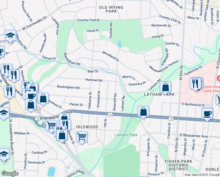 map of restaurants, bars, coffee shops, grocery stores, and more near 1212 Hill Street in Greensboro