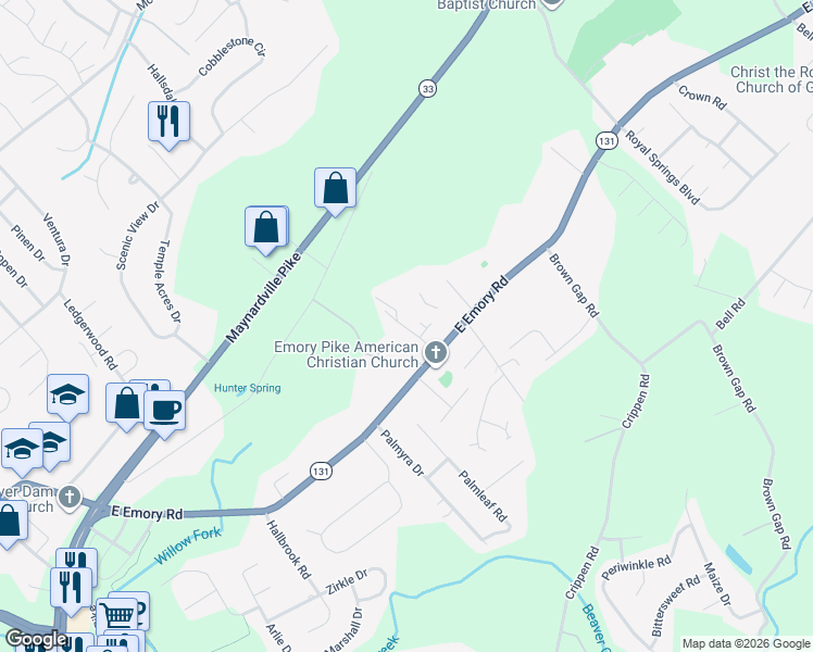 map of restaurants, bars, coffee shops, grocery stores, and more near 7501 Earnhardt Way in Knoxville