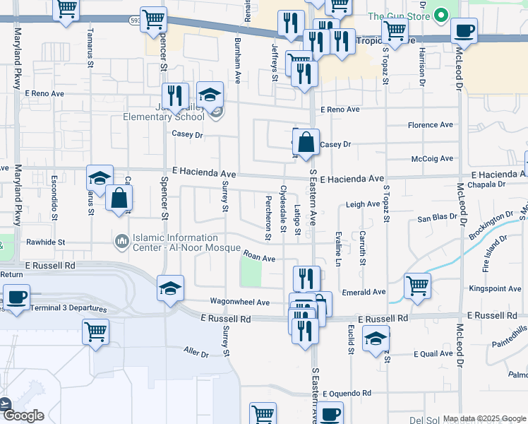 map of restaurants, bars, coffee shops, grocery stores, and more near 5401 Percheron Street in Las Vegas