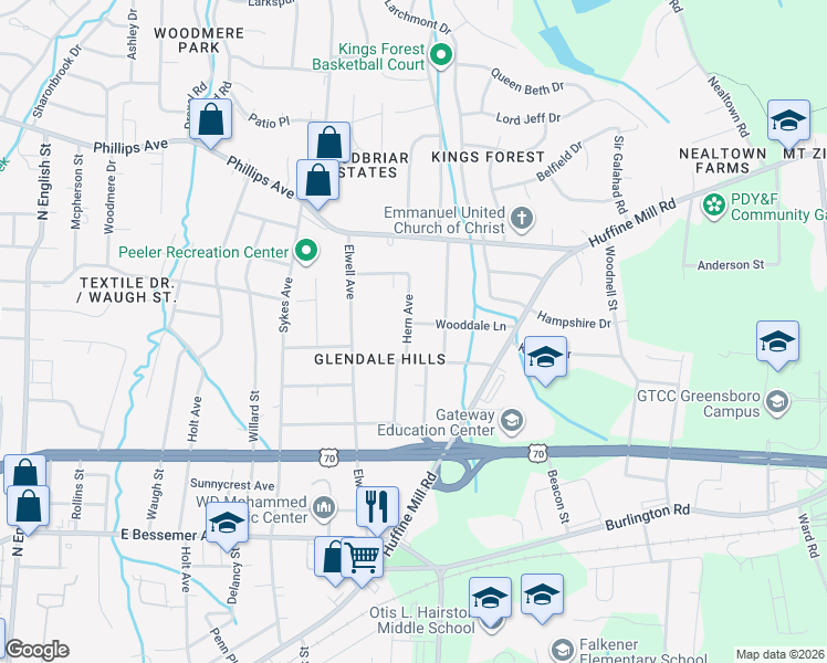 map of restaurants, bars, coffee shops, grocery stores, and more near 1106 Hern Avenue in Greensboro