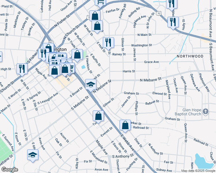 map of restaurants, bars, coffee shops, grocery stores, and more near 513 South Ireland Street in Burlington