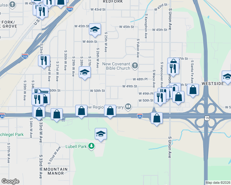 map of restaurants, bars, coffee shops, grocery stores, and more near 4919 South 24th West Place in Tulsa