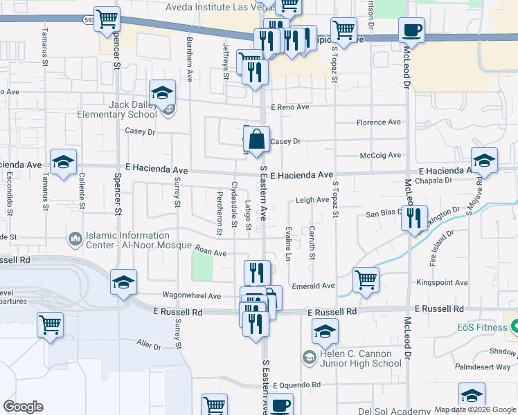 map of restaurants, bars, coffee shops, grocery stores, and more near 5401 South Eastern Avenue in Las Vegas