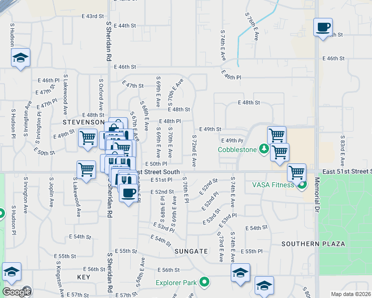 map of restaurants, bars, coffee shops, grocery stores, and more near 4855 South 71st East Avenue in Tulsa
