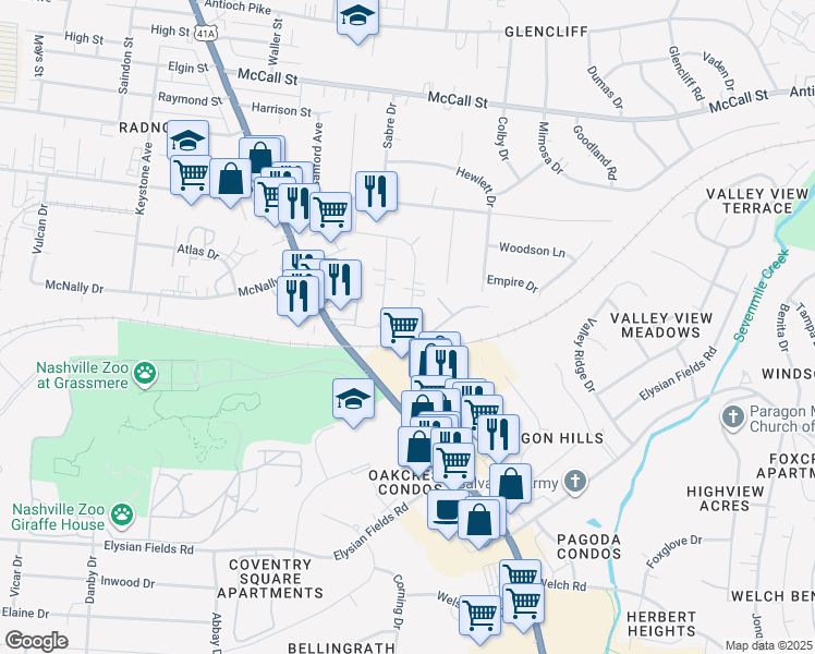 map of restaurants, bars, coffee shops, grocery stores, and more near 233 Yelton Court in Nashville