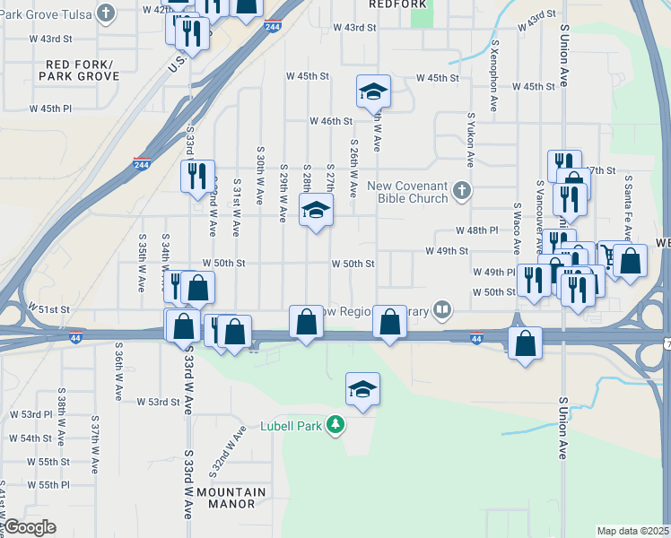 map of restaurants, bars, coffee shops, grocery stores, and more near 2656 West 50th Street in Tulsa