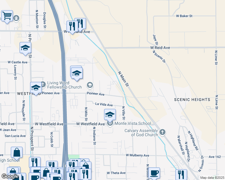 map of restaurants, bars, coffee shops, grocery stores, and more near 1434 Cottage Place in Porterville