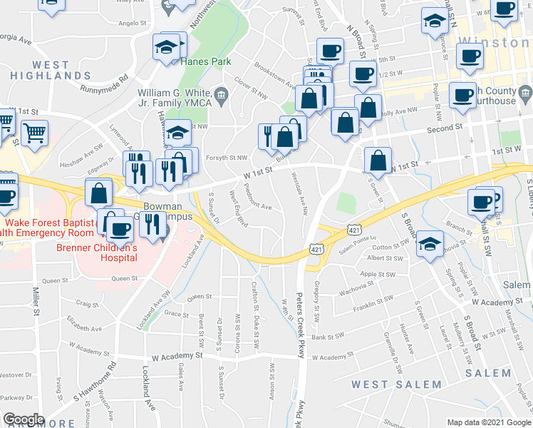 map of restaurants, bars, coffee shops, grocery stores, and more near 1406 Jarvis Street Southwest in Winston-Salem