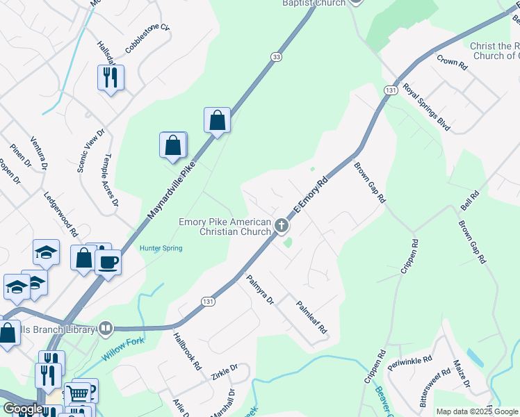 map of restaurants, bars, coffee shops, grocery stores, and more near 7540 Emory Cove Way in Knoxville