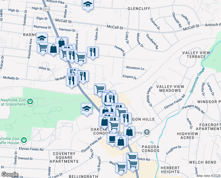 map of restaurants, bars, coffee shops, grocery stores, and more near 233 Yelton Court in Nashville
