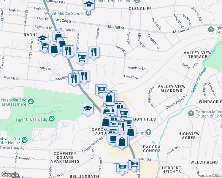 map of restaurants, bars, coffee shops, grocery stores, and more near 233 Yelton Court in Nashville