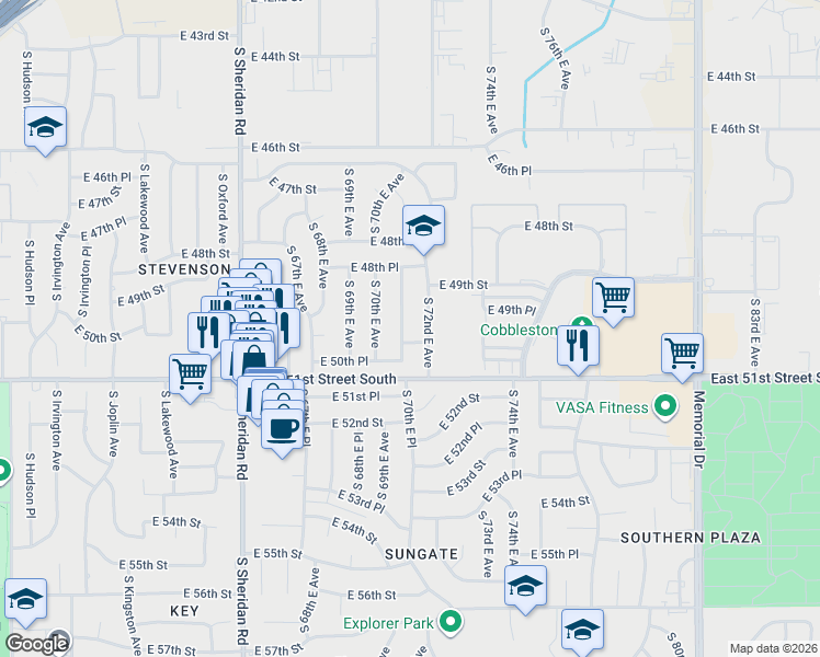 map of restaurants, bars, coffee shops, grocery stores, and more near 4855 South 71st East Avenue in Tulsa