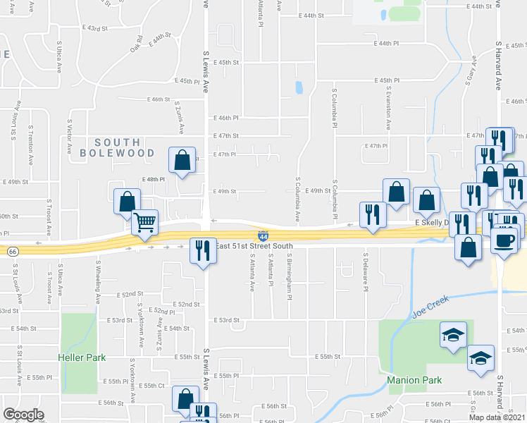map of restaurants, bars, coffee shops, grocery stores, and more near 2505 East Skelly Drive in Tulsa