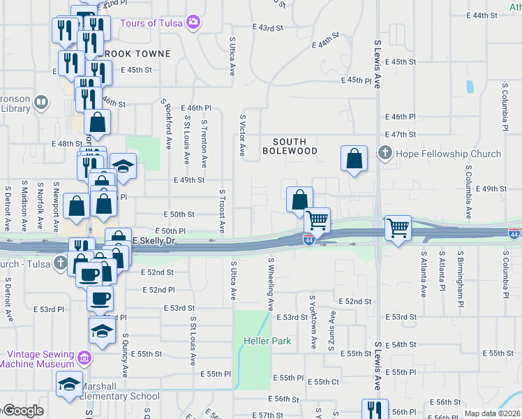 map of restaurants, bars, coffee shops, grocery stores, and more near 4849 South Victor Avenue in Tulsa