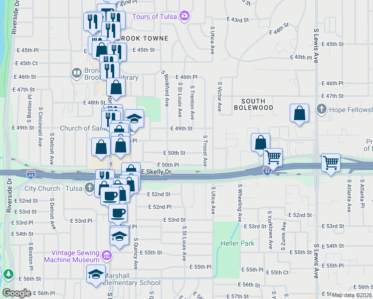 map of restaurants, bars, coffee shops, grocery stores, and more near 1551 East 50th Street in Tulsa