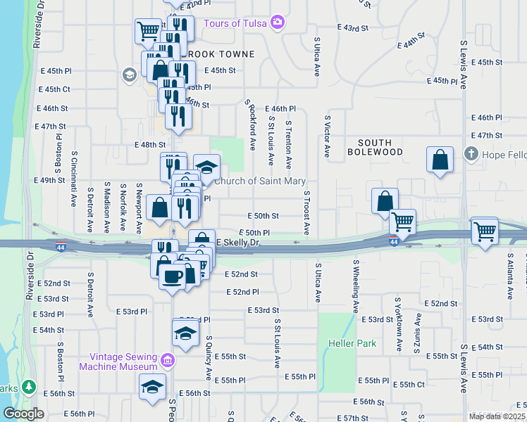 map of restaurants, bars, coffee shops, grocery stores, and more near 1517 East 50th Street in Tulsa