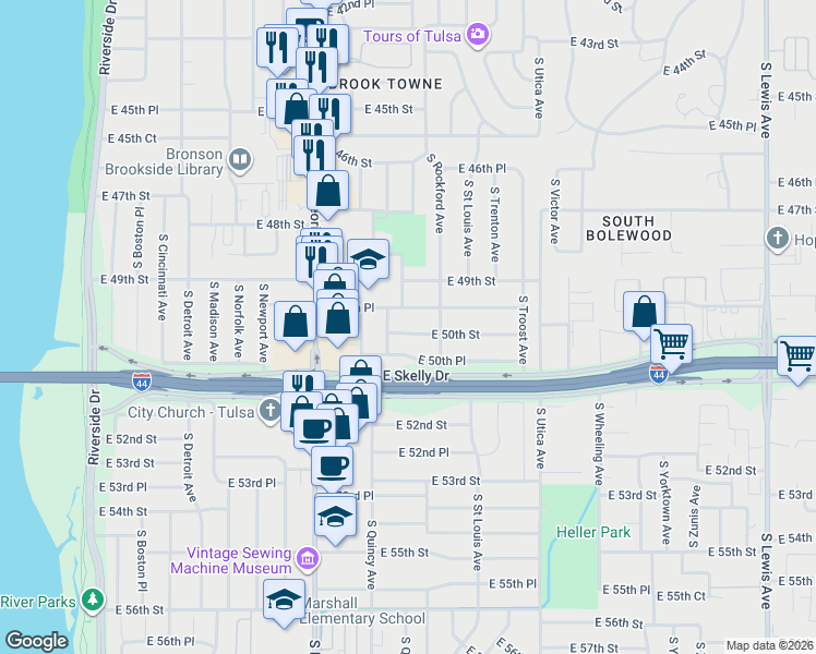 map of restaurants, bars, coffee shops, grocery stores, and more near 1431 East 50th Street in Tulsa