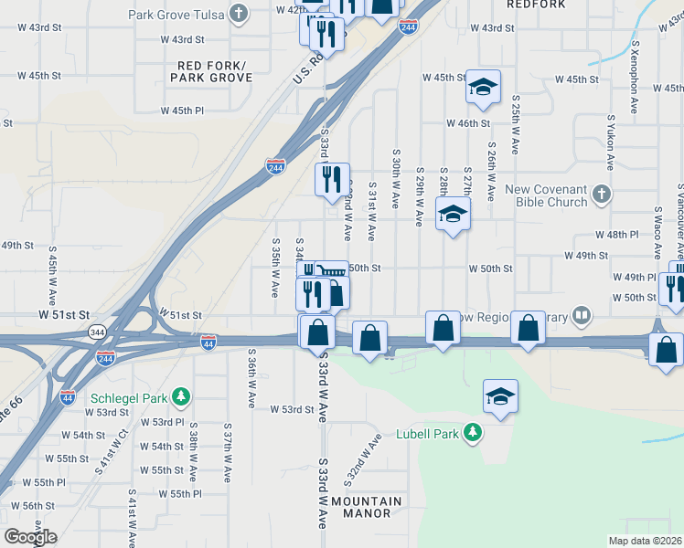 map of restaurants, bars, coffee shops, grocery stores, and more near 5002 South 32nd West Avenue in Tulsa