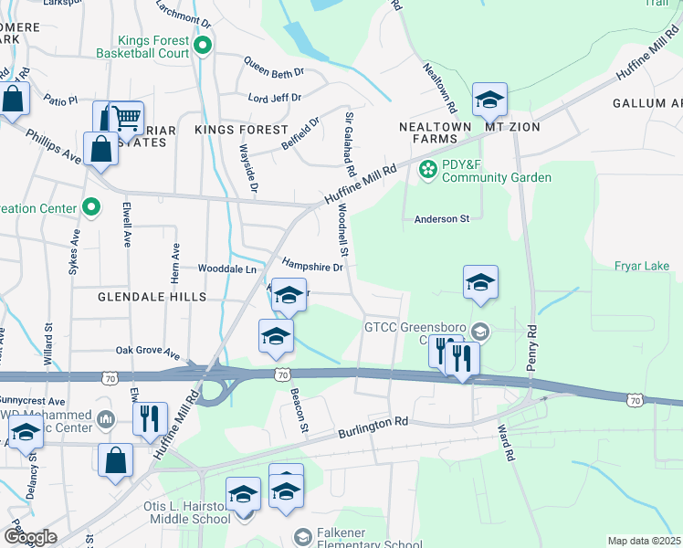 map of restaurants, bars, coffee shops, grocery stores, and more near 4224 Hampshire Drive in Greensboro