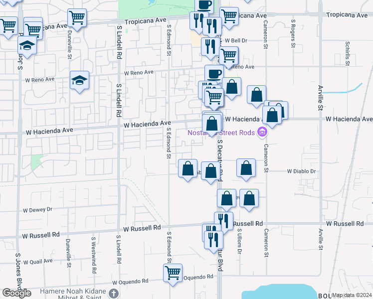 map of restaurants, bars, coffee shops, grocery stores, and more near 5055 West Hacienda Avenue in Las Vegas