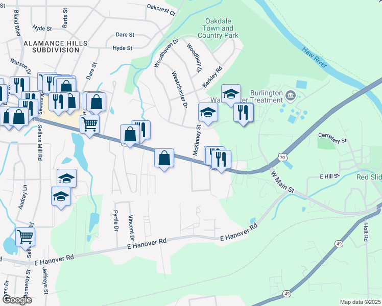 map of restaurants, bars, coffee shops, grocery stores, and more near 2931 McKinney Street in Burlington