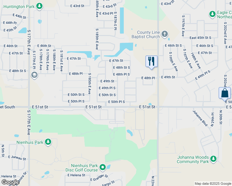 map of restaurants, bars, coffee shops, grocery stores, and more near 18723 East 50th Street South in Tulsa