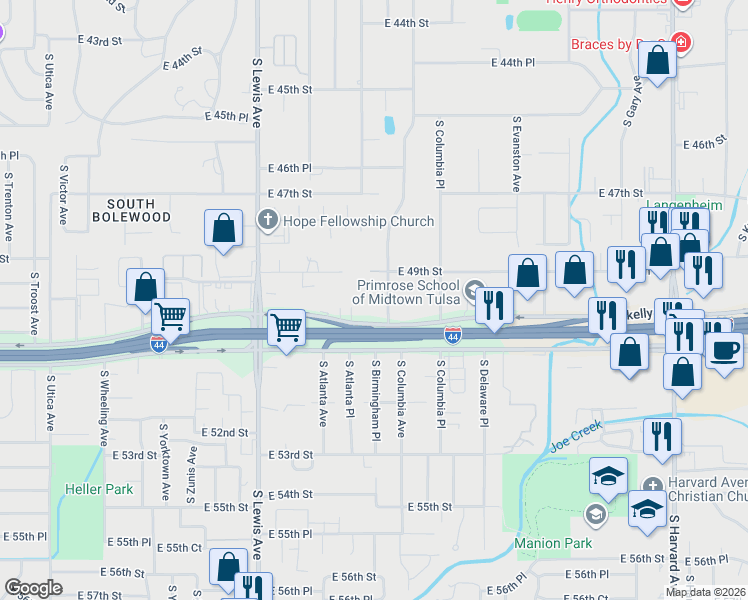 map of restaurants, bars, coffee shops, grocery stores, and more near 2531 East Skelly Drive in Tulsa