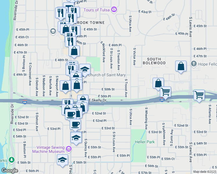 map of restaurants, bars, coffee shops, grocery stores, and more near 1517 East 50th Street in Tulsa