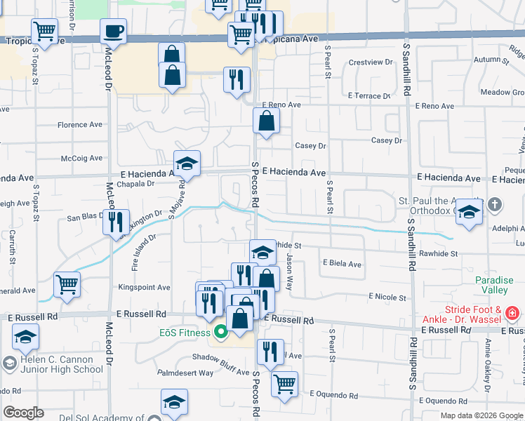 map of restaurants, bars, coffee shops, grocery stores, and more near 3415 East Brittlewood Avenue in Las Vegas