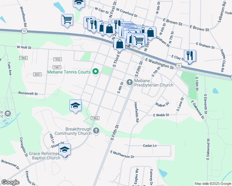 map of restaurants, bars, coffee shops, grocery stores, and more near 416 South 4th Street in Mebane