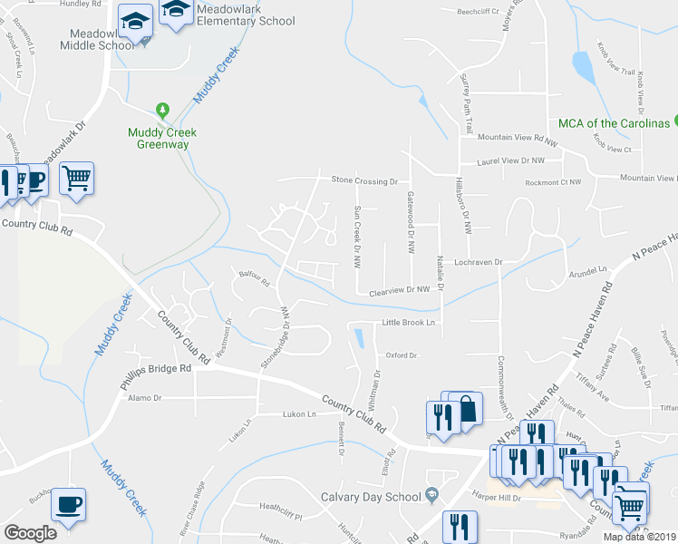 map of restaurants, bars, coffee shops, grocery stores, and more near 656 Rock Garden Circle in Winston-Salem