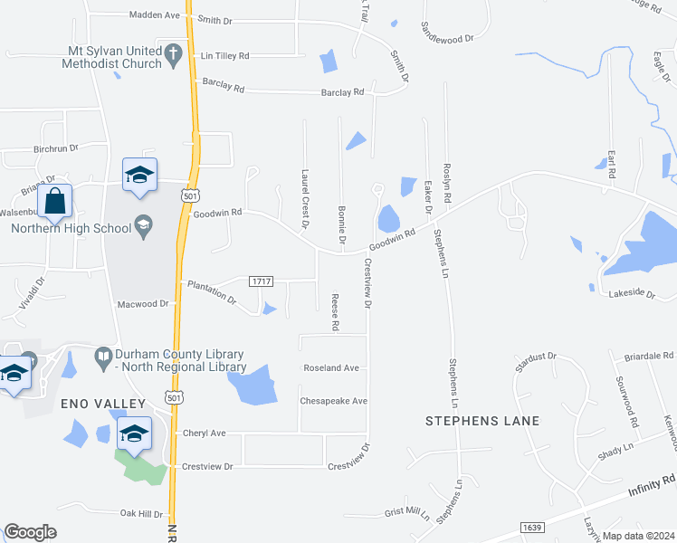 map of restaurants, bars, coffee shops, grocery stores, and more near 5438 Reese Road in Durham